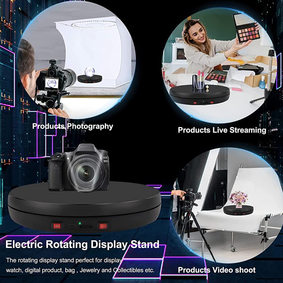 Supvox 1Pcs Rotating Display Stand with LED, 9.8'' USB Charge 360 Degree Rotating Turntable, Adjustable Speed Multi-Functional Rotary Table for Photography, Jewelry, Cake and Collectibles, 20kg Load