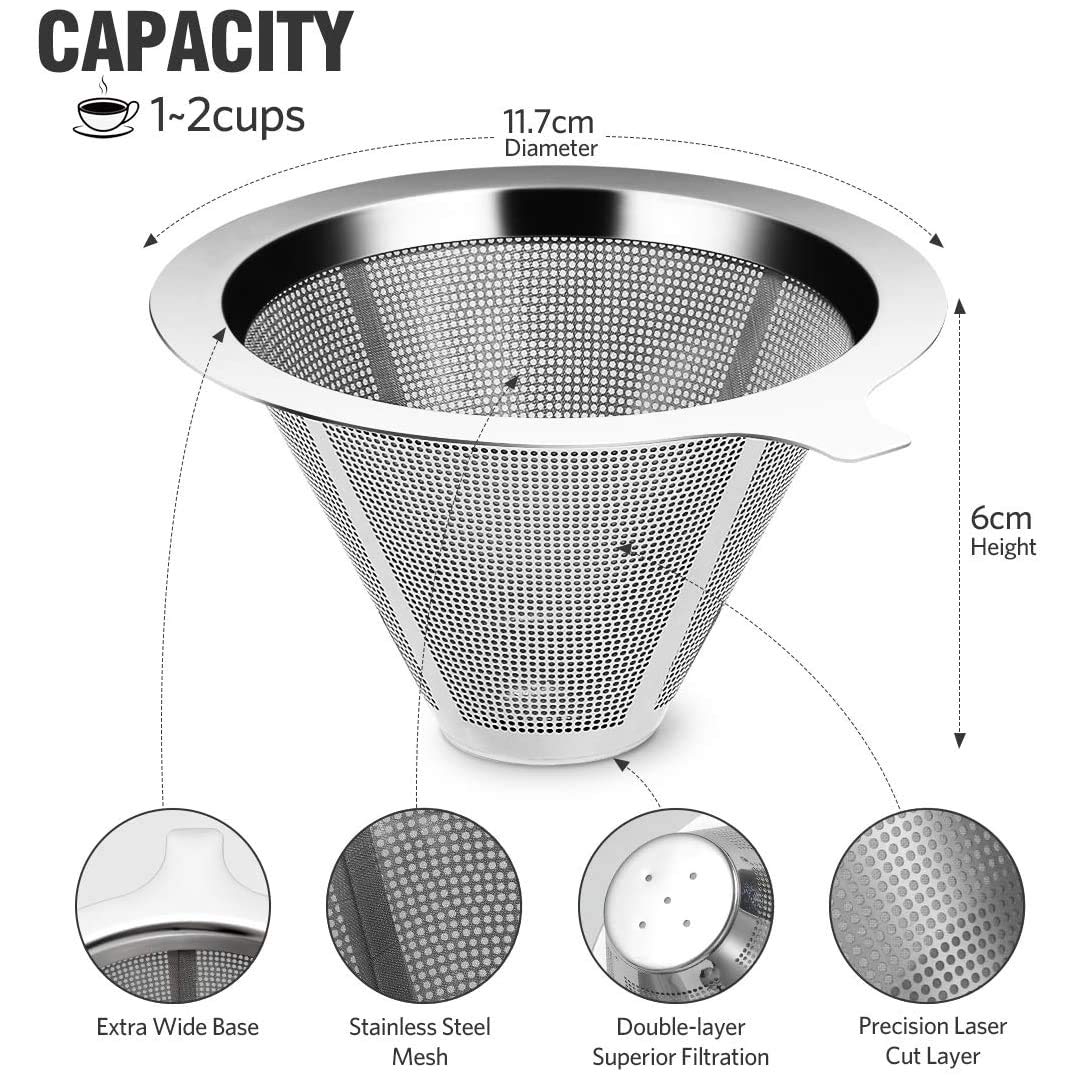 Verilux Pour Over Coffee Filter, Coffee Dripper, Paperless Mess Stainless Steel Coffee Filter, Maker One to Two Cup Coffee, Keeping Nature Coffee Flavour, Easy to Use and Clean
