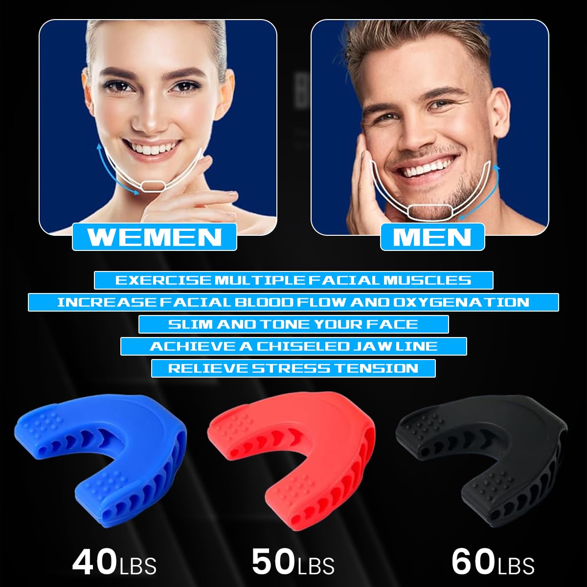 MAYCREATE 3Pcs Jawline Exerciser Tool for Men Women 40/50/60lbs Foodgrade Silicone Jawline Exerciser Tool Jawline Exerciser, Slim and Tone Your Face- Helps Reduce Stress and Craving