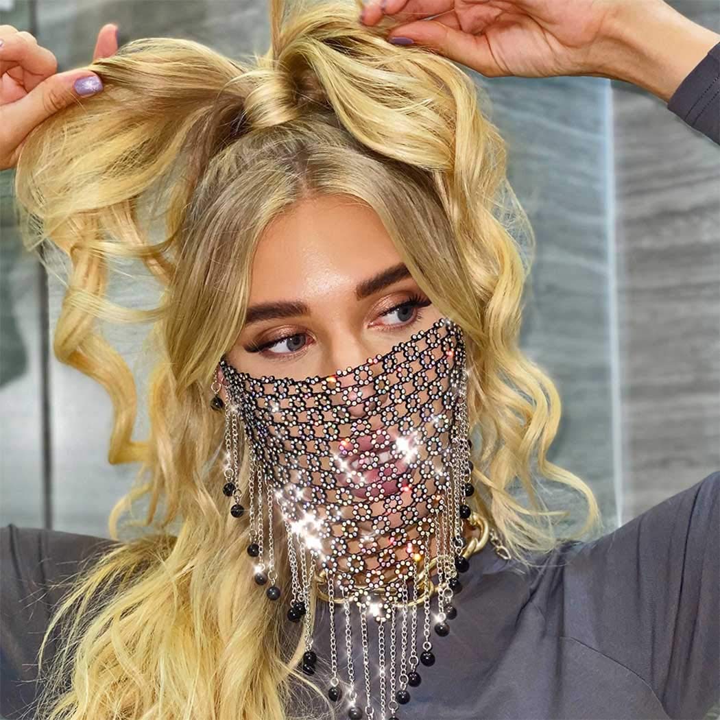 PATPAT Tassel Mask for Women, Masquerade Masks, Sparkly Crystal Metal Mesh Mask, Black Tassel Beads Chain Masks for Performance, Prom, Costume Party Festival Rave, Masquerade Party