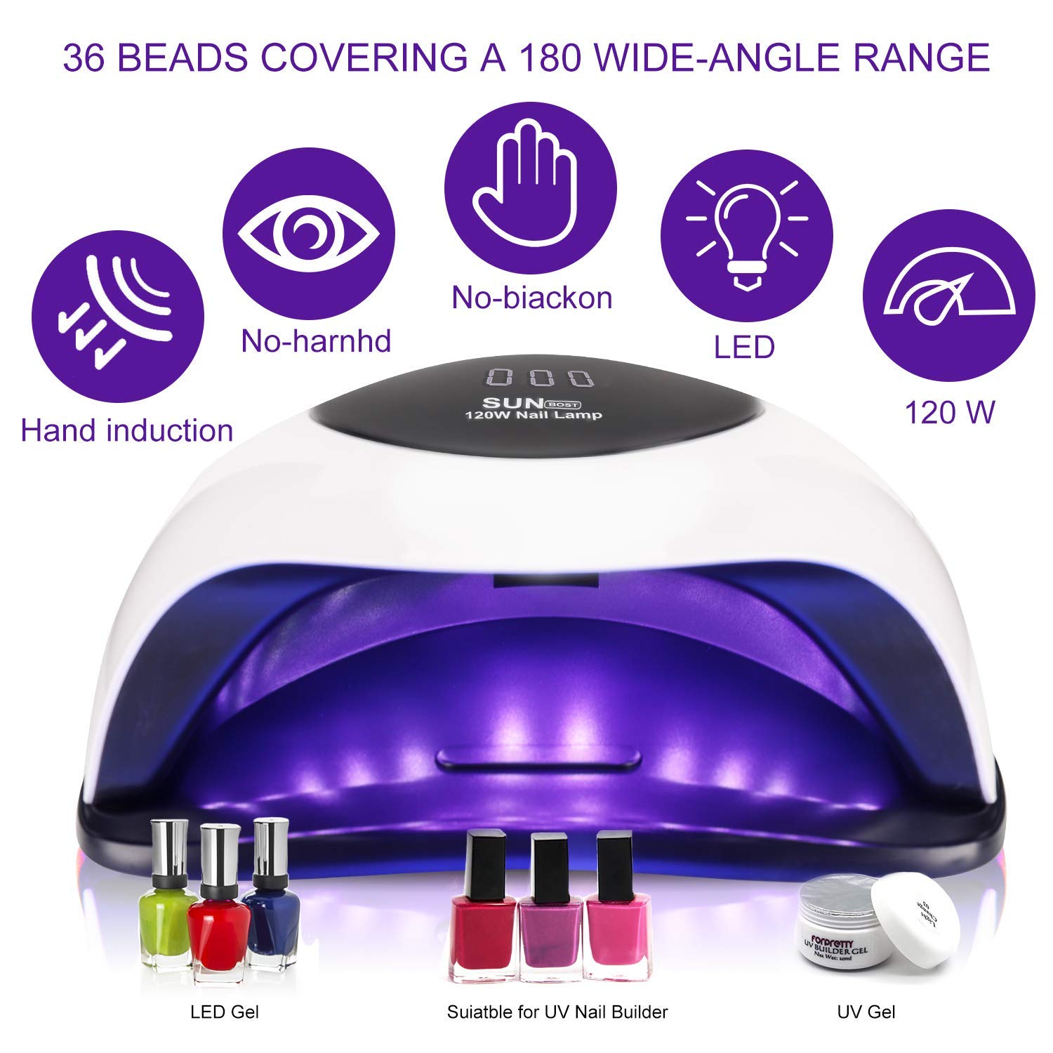 MAYCREATE 120W UV LED Nail Lamp Faster Nail Dryer Gel Polish Light, UV Gel Lamp With 36 Light Beads & 4 Timer Setting, Professional Curing Lamp for Fingernail and Toenail