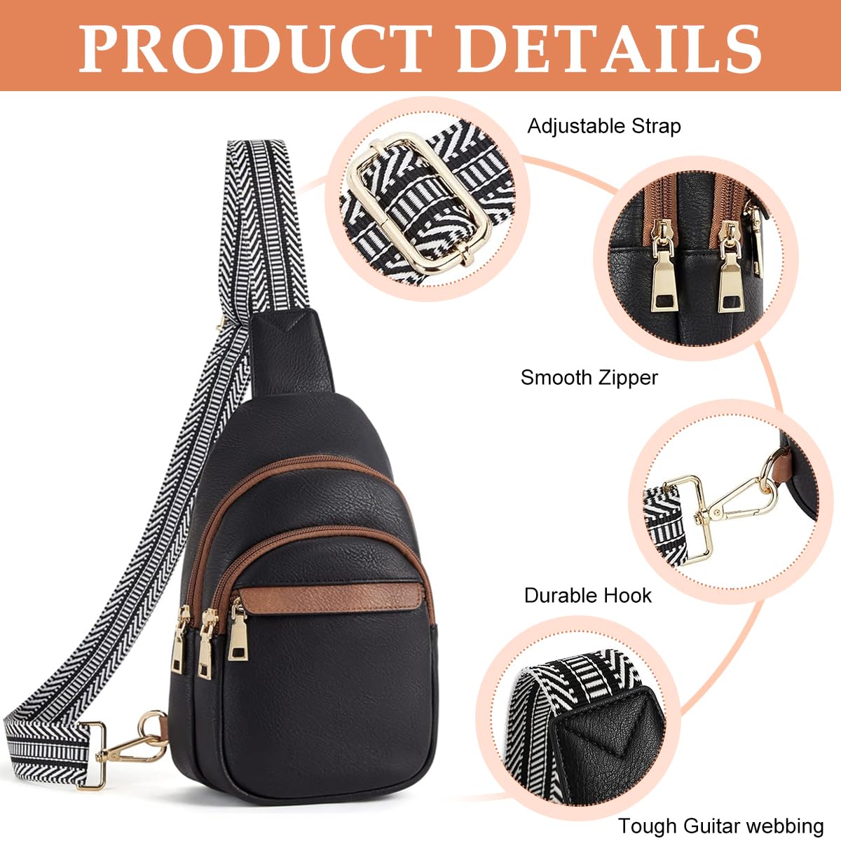 PALAY Chest Bag Unisex Crossbody Bag Men Women Shoulder Bag PU Bag with Woven Print Quick Release Adjustable Strap, Stylish Chest Bag for Commuting, Travel, Outdoor Activities, Cycling (Black)