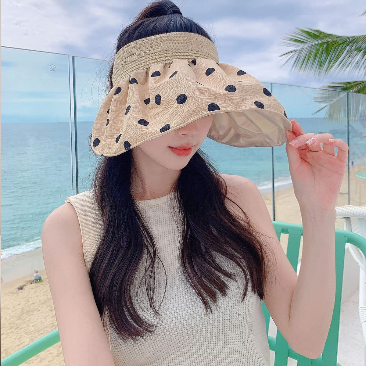PALAY Sun Hats for Women Stylish Wide Brim Sun Caps for Women Casual Beach Hat Dots Pattern Ponytail Sun Visor Travel Summer Hats - Packable & Foldable Brown