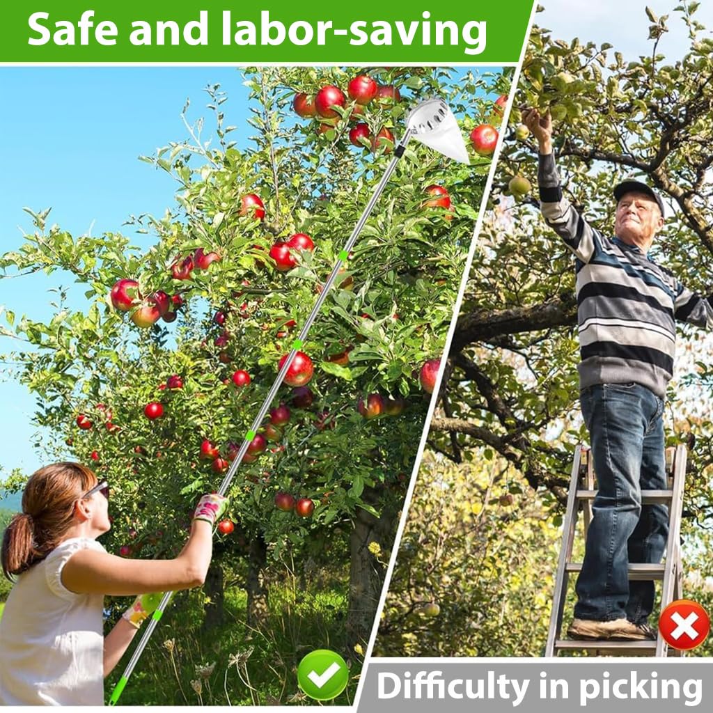 HASTHIP Extendable Mango Plucker Tool - 10.5ft Fruit Plucker with Adjustable Pole - Alloy Material Telescopic Pole - Equipped With Net & Pole - Tree Fruit Plucker Stick - Easy To Use Fruits Catcher