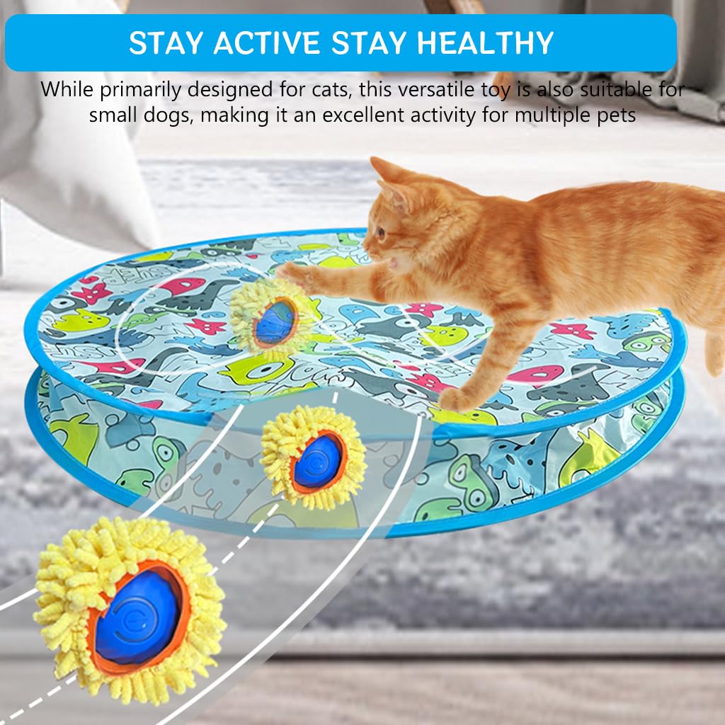 Qpets Cat Toy Electric Self-Rolling Ball Cat Chasing Toy Ball with 27.5 inches Folding Game Chasing Play Cover USB Rechargeable Self Spinning Ball Toy Chasing Toy Ball for Cats, Dogs