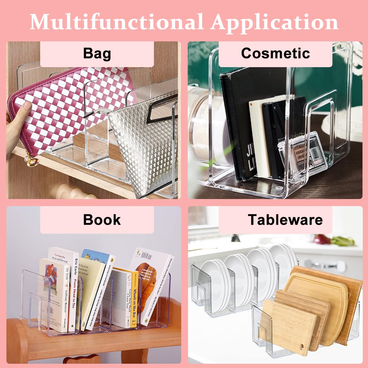 MAYCREATE 4 Sections Clear Plastic Purse Handbag Organizer, Shelf Storage for Holds Woman's Purse, Hanging Bag, Zipper Handbag, Tote, Perfect for Space Saving
