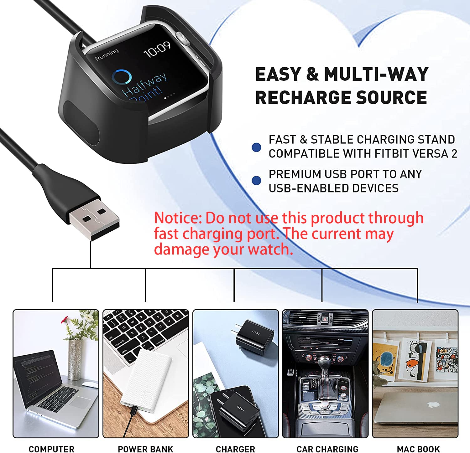 ZORBES USB Charger for Fitbit Versa 2 Smart Watch Charger Fitbit Versa 2 Charger Charging Dock Stand with USB Cable
