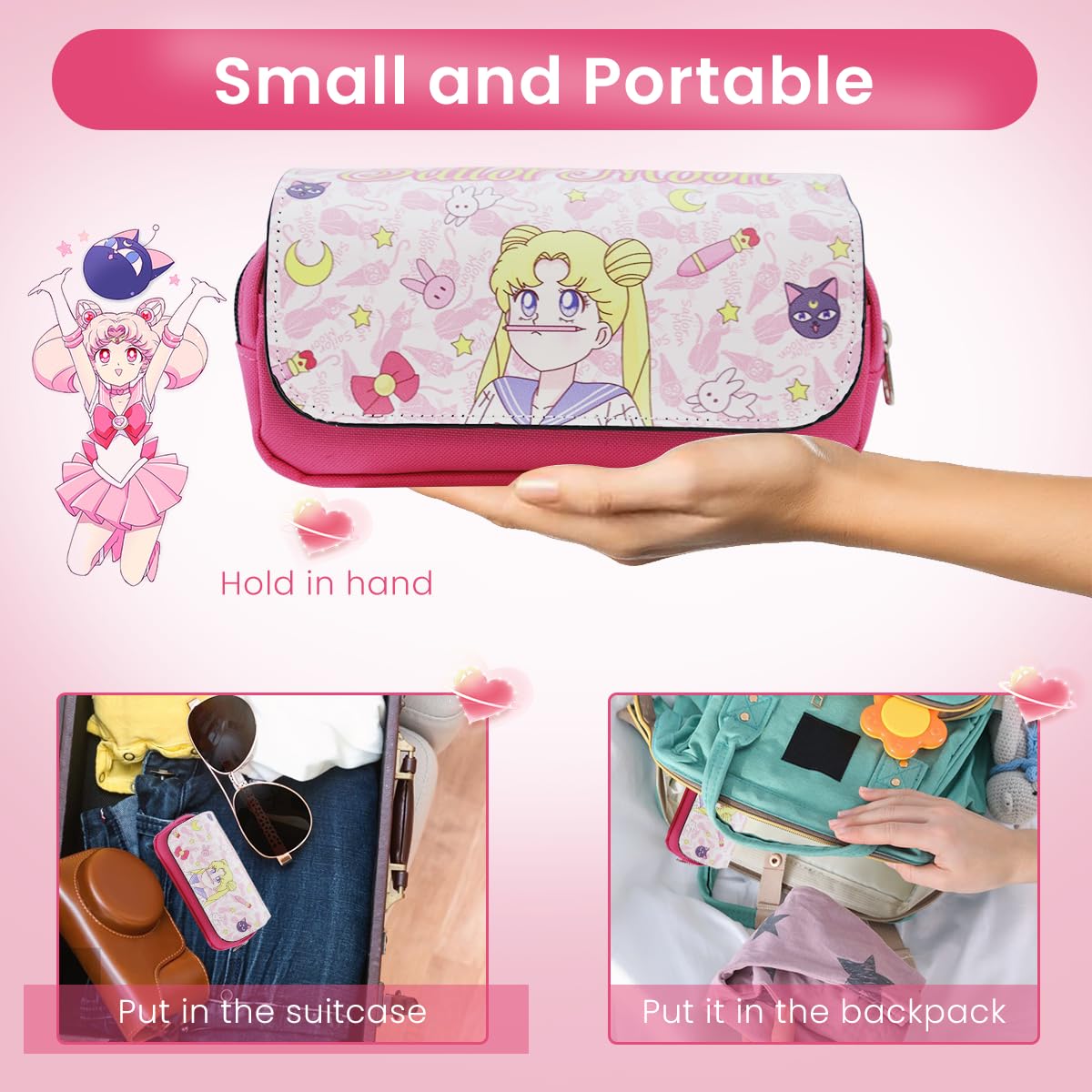 FANCYKU Sailor Moon Pencil Case, Large Capacity Pencil Pouch for Girl, Anime Pencil Pouch, Cartoon Prints Pen Pouch, Cute Back to School Stationery College Pencil Pouch Kids School Accessories