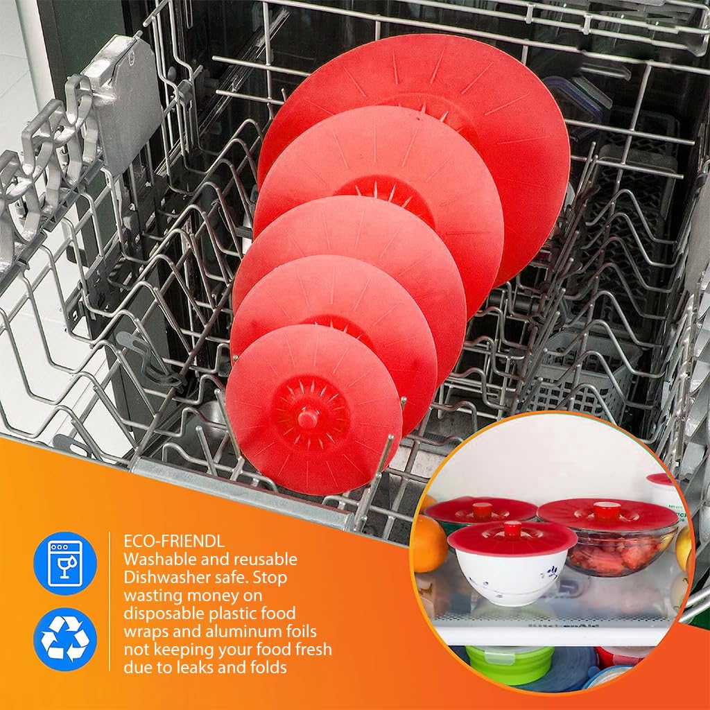HASTHIP Silicone Bowl Lids, 5 Sizes Silicone Lids for Food and Bowl Covers Silicone Covers for Food Safe Silicone Bowl Covers Silicone Food Covers Silicone Pot Cover Microwave Cover, Red
