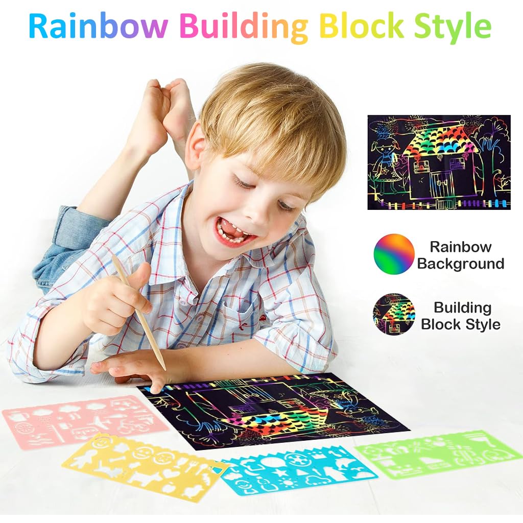 PATPAT DIY Art Paint Scratch-off Rainbow Art Paper Painting Kit Kids DIY Art Painting Kit No Paints Art Scratching Magic Paper DIY Rainbow Scratching Paper with Templates & Scratching Wood Stick