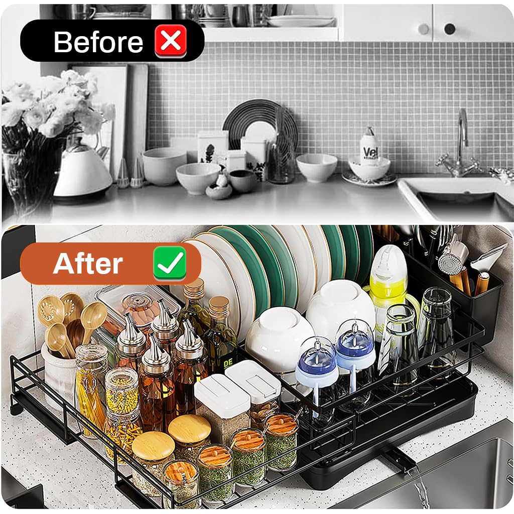 HASTHIP Large Metal Dish Drying Rack with Expandable Cutlery Holder and Drip Tray, Multi-Functional Kitchen Organizer, Telescopic Tableware Holder Organizer for Dish, Bowl, Tableware