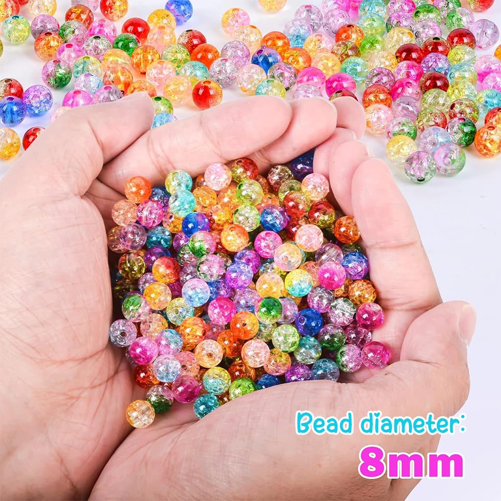 SANNIDHI 300Pcs Crack Glass Beads for Jewellery Making, 8mm Round Bracelet Beads Set, Random Colorful Crystal Beads for Kids Activity, Acrylic Beads Kit for Adults Girls DIY Bracelet Necklace Making