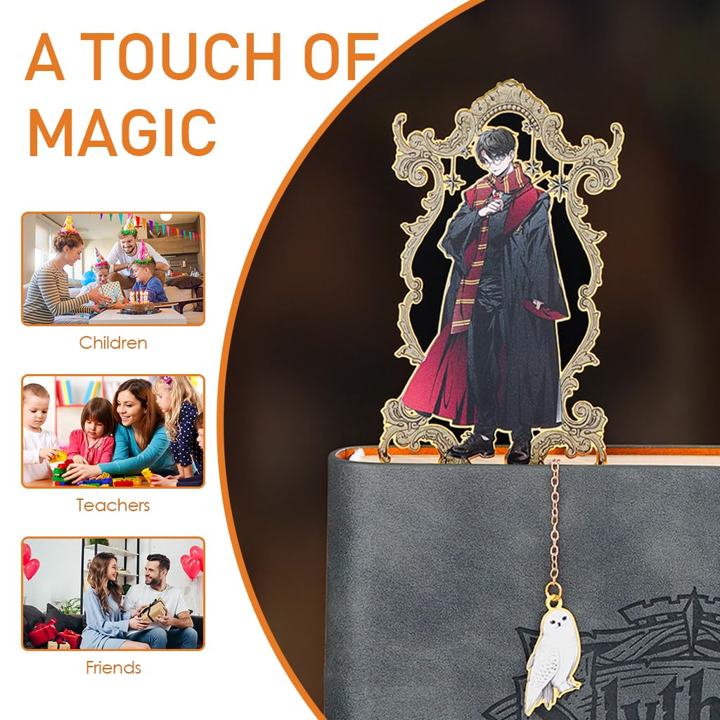 Climberty Enchanted Wizarding World-Themed Metal Bookmark with Chain & Owl Charm, Gold Finish Anime Cartoon Figure, Perfect Reader Gift for Fans & Students, Slim Design, Ideal for Book Lovers