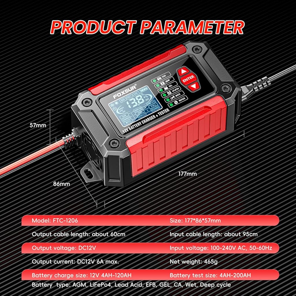 Verilux 2 in 1 Battery Tester & Battery Charger, Fully Automatic Battery Charger 6A 12V, Car Battery Charger & Maintainer- EU Plugfor Car, Motorcycle, Lawn Mower and More(Red)