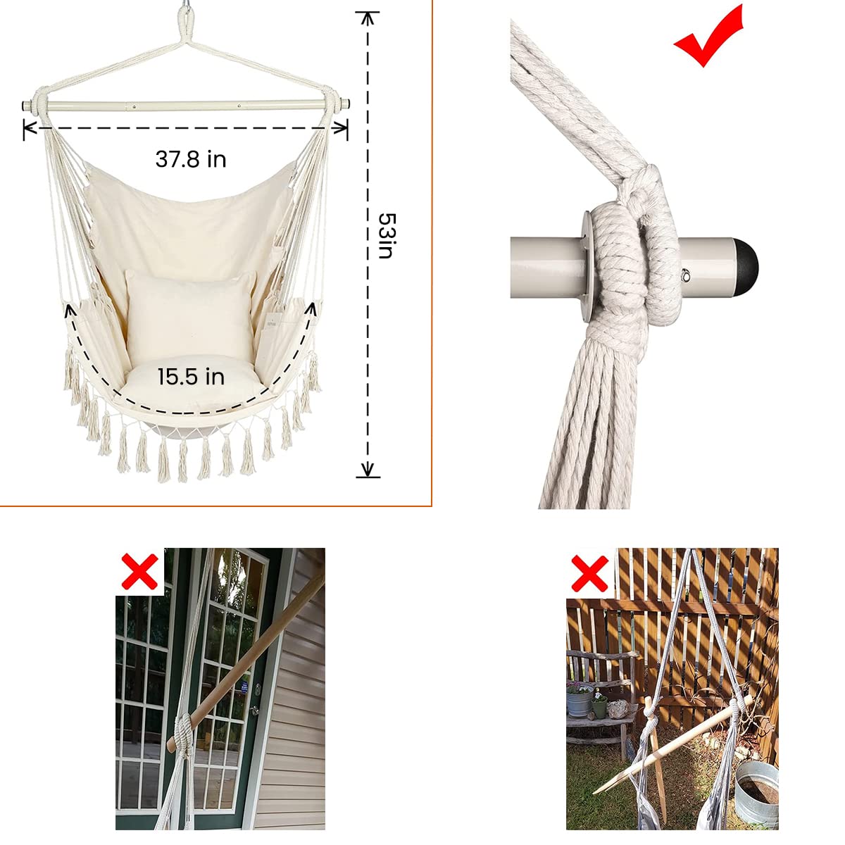 HASTHIP Swing Chair for Adults with 2 Cushions and Pocket, 360° free Rotation Large Macrame Hanging Chair for Indoor Outdoor Balcony(Max 180KG)