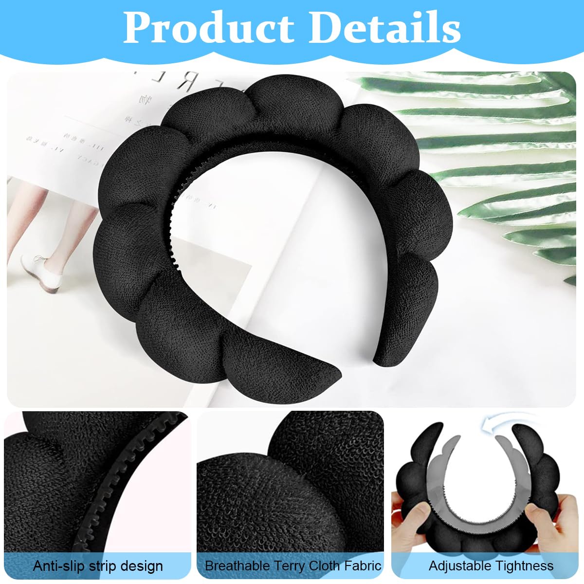 MAYCREATE Spa Facial Headband for Women Washing Face, Puffy Skincare Headbands for Women Girls, Upgrade Anti-slip Terry Cloth Hair Band for Makeup - Black