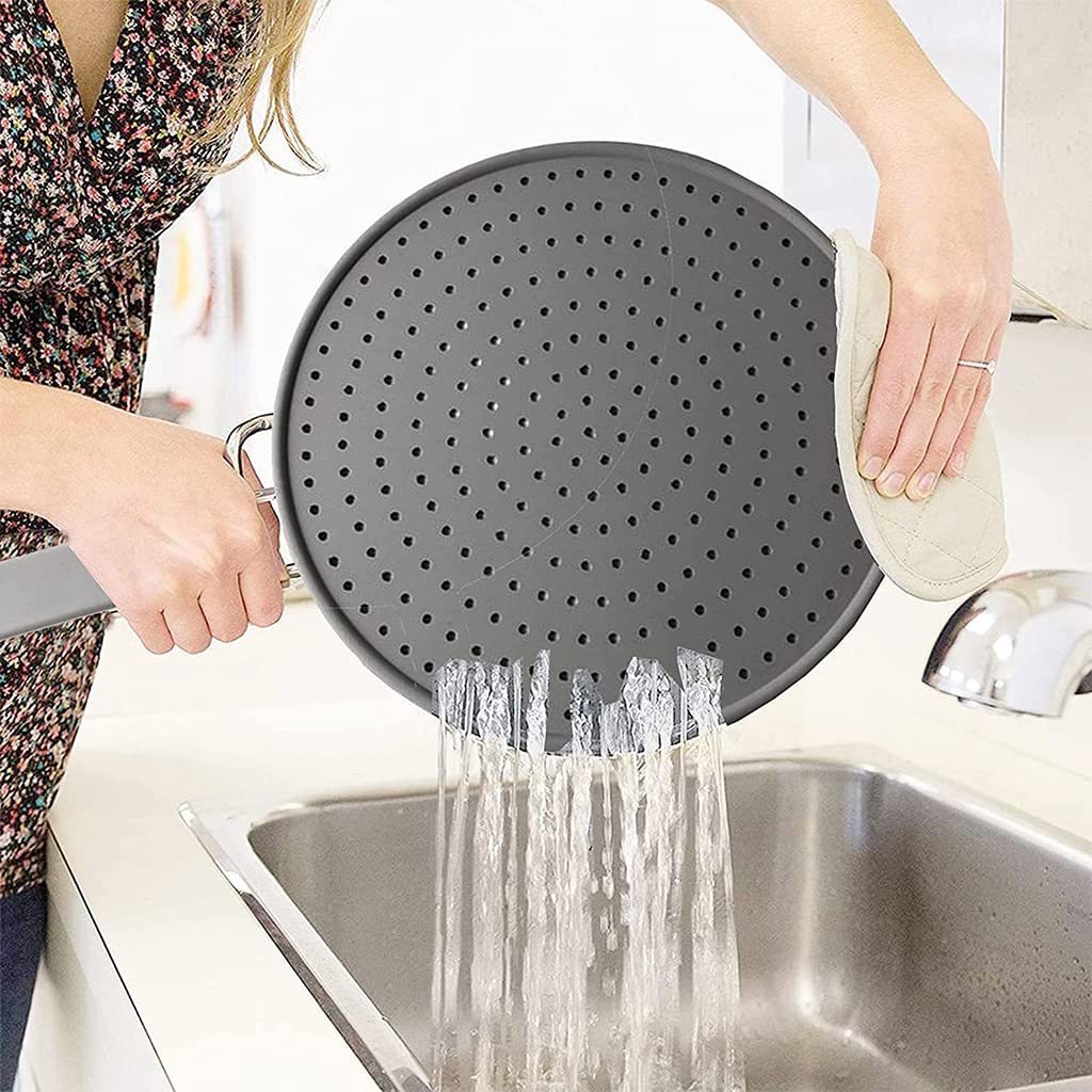 HASTHIP 11inch Frying Pan Non-Stick Cover, Silicone Splatter Screen Pan Cover with Heat Insulation Handle, Heat Insulation Cooling Mat, Strainer, Drain Board, Oil Splash Guard for Frying Pan