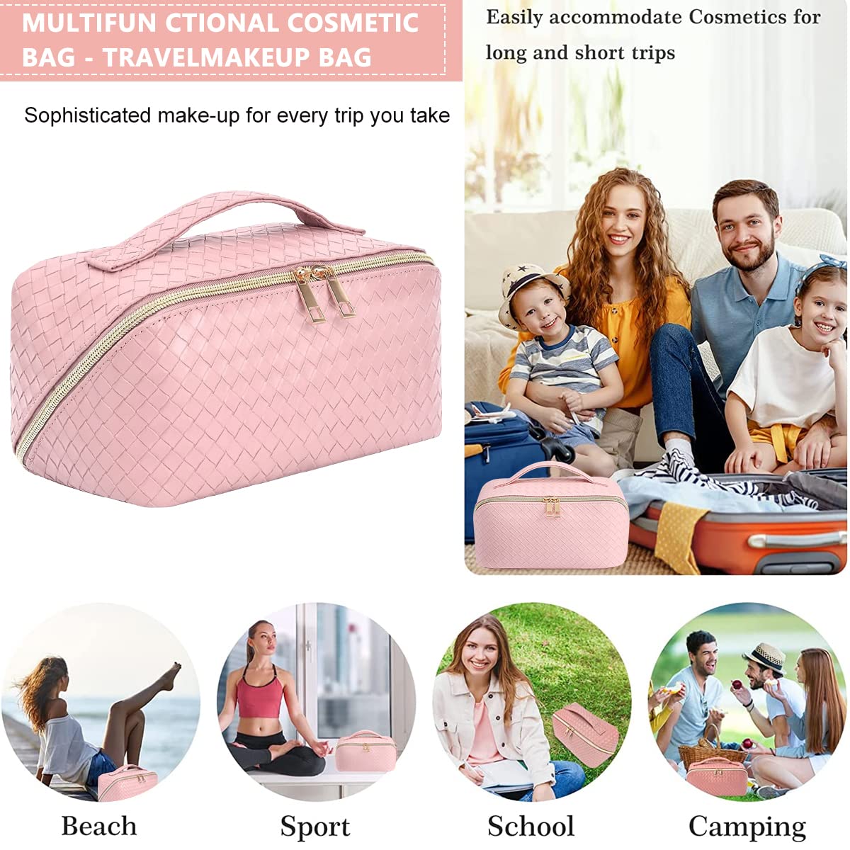 MAYCREATE Large Capacity Cosmetic Travel Bag, Cosmetic Pouch PU Waterproof Design with Handle and Divider, Wide Opening Cosmetic/Makeup Organizer Bags for Women