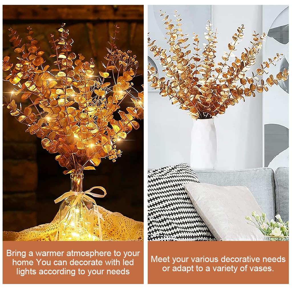 HASTHIP 20Pcs Golden Eucalyptus Leaves Artificial Plants for Home Decor, Fake Leaves Artificial Leaves Branches Artificial Flowers for Wedding, Arrangement, Room Decoration, 16