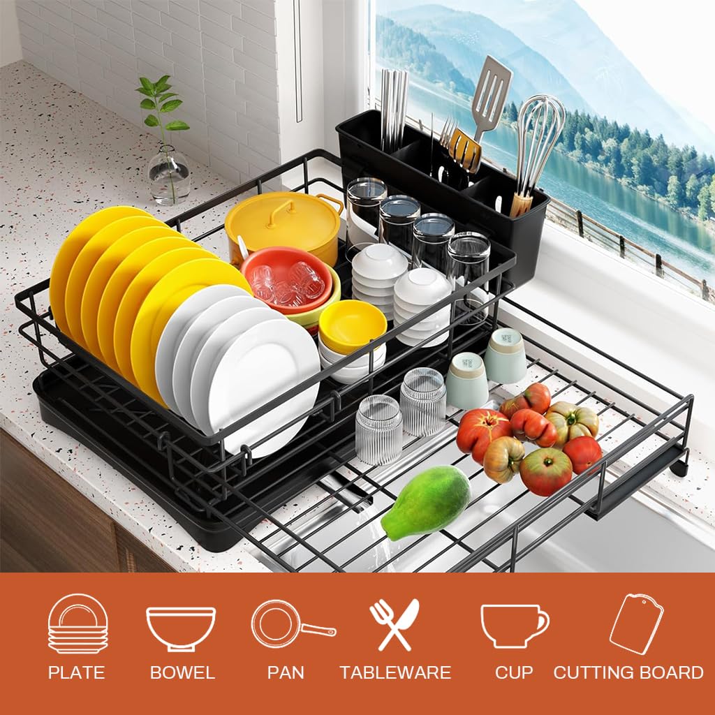 HASTHIP Large Metal Dish Drying Rack with Expandable Cutlery Holder and Drip Tray, Multi-Functional Kitchen Organizer, Telescopic Tableware Holder Organizer for Dish, Bowl, Tableware