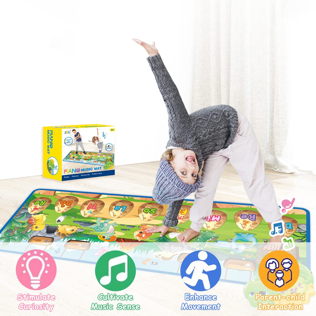 PATPAT Musical Mat for Kids, 47.2''*15.3'' Dinosaur Musical Play Mat Baby Piano Mat with 9 Piano Keys & Preset Songs, Music Mat for Kids 2-6 Years Old, Toys for 3 Year Old Boy Gifts for Boys Girls
