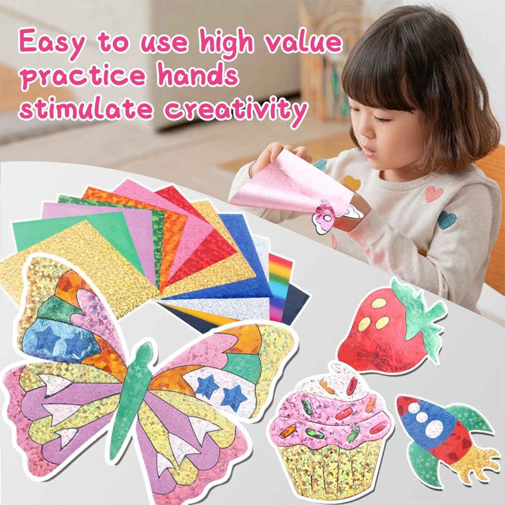 PATPAT DIY Foil Sticker Art Crafting Kit for Kids Patchwork Foil Sticker Art Craft Supplies Kit Educational Fun Butterfly Foil Sticker for DIY Art Sensory Art Toys for Kids 2-3 Years Old