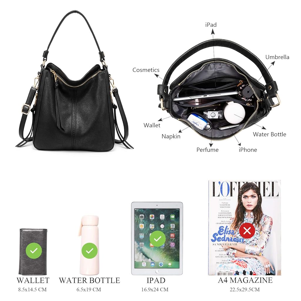 ZIBUYU® Tote Handbag for Women Fashion Faux Leather Classic Shoulder Crossbody Bag Lady Girl Solid Color Black 3 PCS