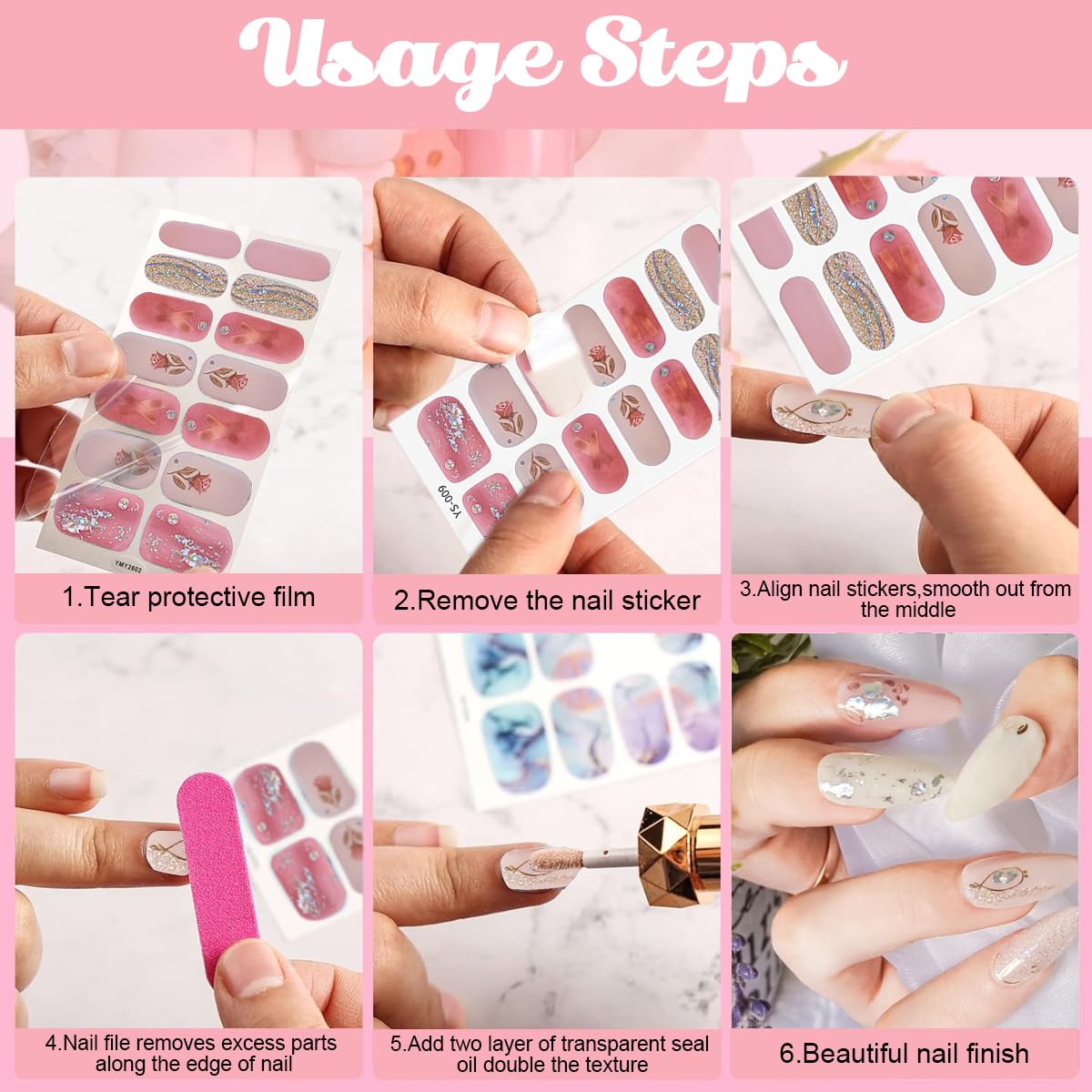MAYCREATE Nail Stickers Set with 4 Designs Fake Nail Decal Sticker Full Cover Nail Art Sticker Self Adhesive Embossing Nail Art Sticker for Various Nail Shape DIY Art Decal (56pcs)
