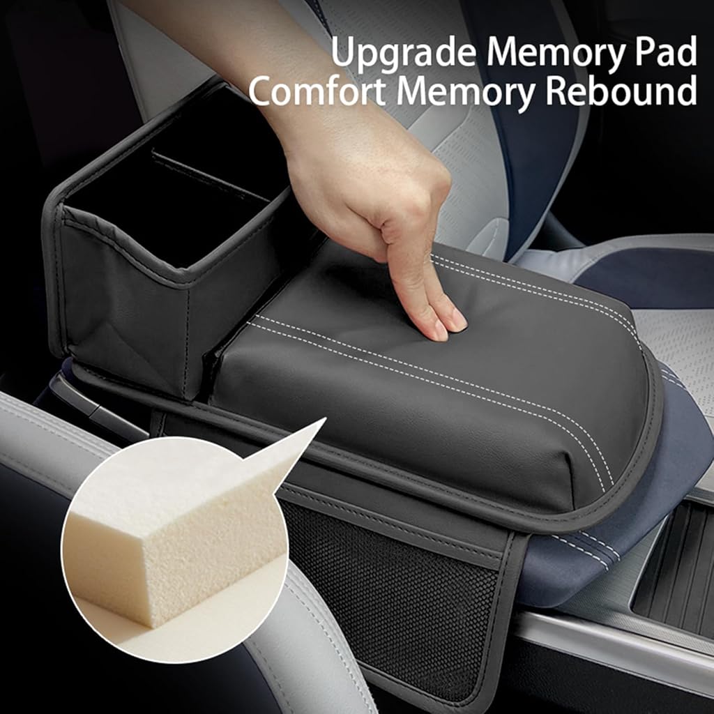 STHIRA® Car Armrest for Center Console Memory Foam Padded Car Armrest Multifunctional Car Armrest Organizer with Dual Cup Holder & Side Mesh Pockets Hook and Loop Closure Car Armrest