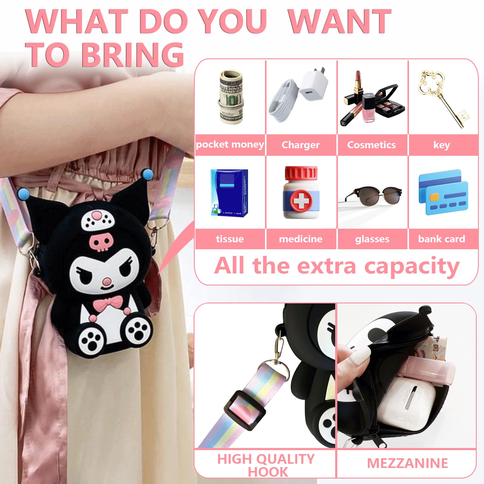 PALAY Kuromi Purse for Girls, Kawaii Small Bag for Girls Silicone Girls Purse Mini Bag Cartoon Cute Bags for Girls Daily Casual Coin Purse Phone Pouch Fashion Sling Bag for Girls 4.33*5.9*1.57 Inch