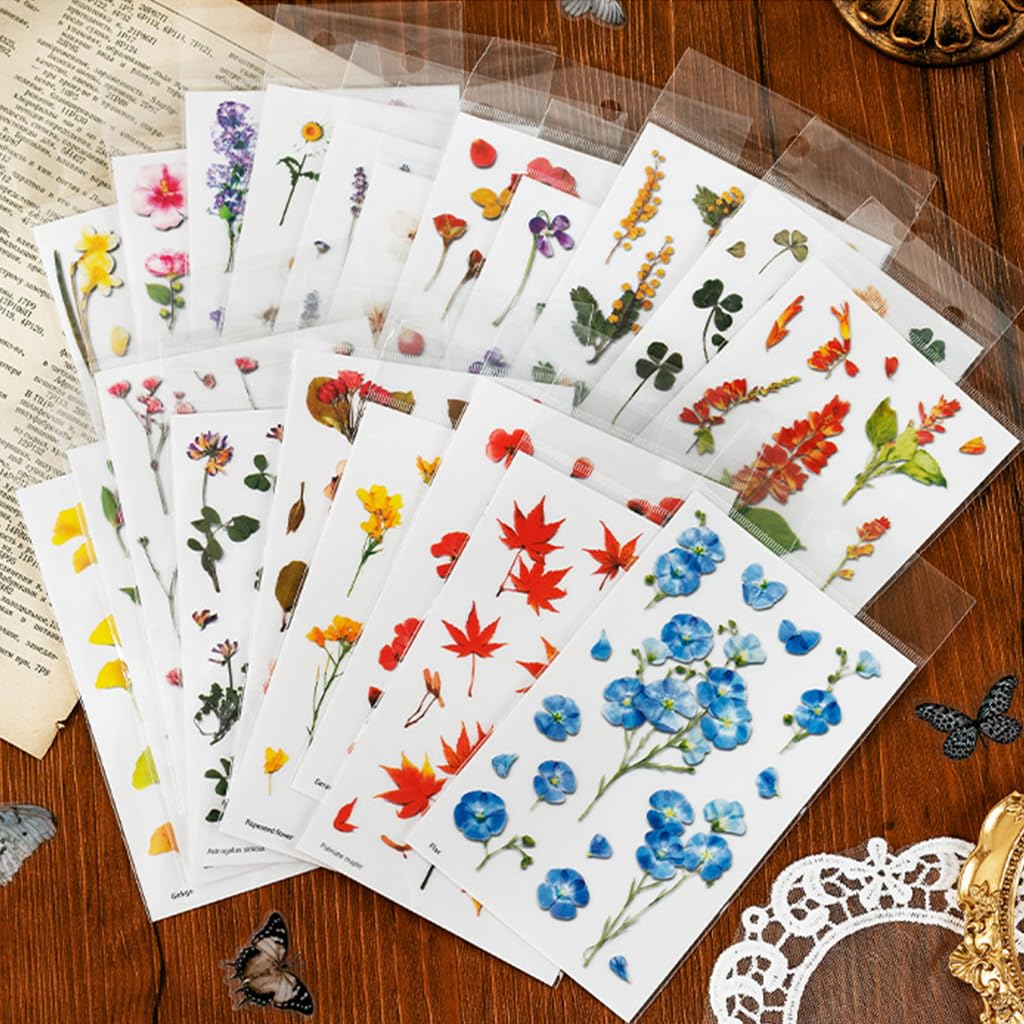 HASTHIP Flower Themed Stickers, Laminated Paper Stickers Versatile Decorative Stickers for Scrapbook Supplies Junk Journal Laptop (Assorted 270 Pieces, 20 Sheets Paper)
