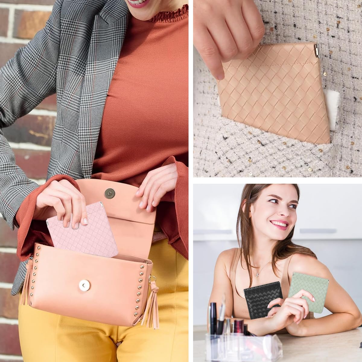 MAYCREATE Small Makeup Pouch 4Pcs Set, Small Pouches Makeup Bag PU Leather Mini Cosmetic Bag Weave Lipstick Makeup Pouches for Women Pocket Coin Purse Organizer