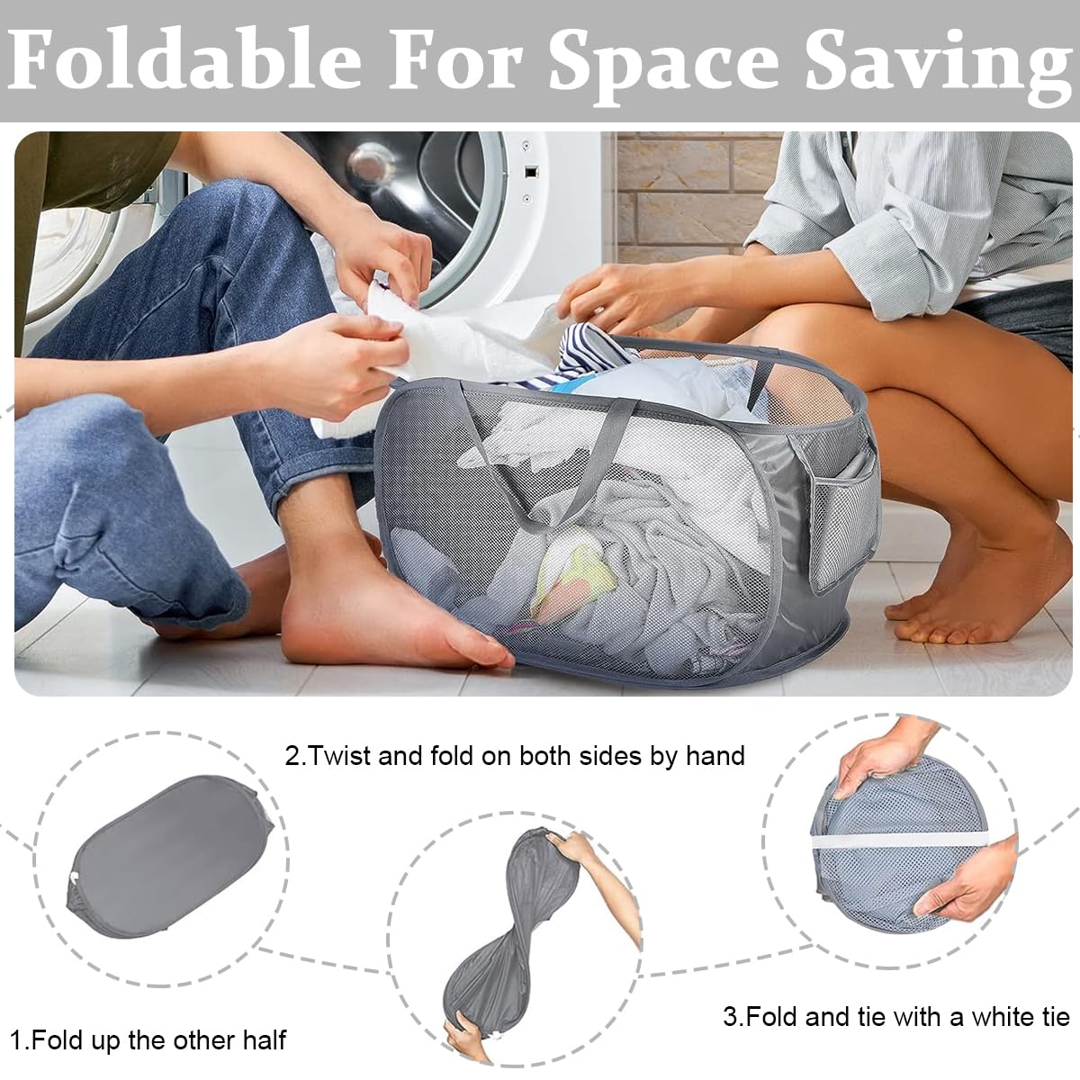 HASTHIP Durable Collapsible Laundry Baskets, Foldable Clothes Storage Hamper with Reinforced Carry Handles, Portable Collapsible Clothes Baskets for Dorm, Bathroom & Travel, Grey