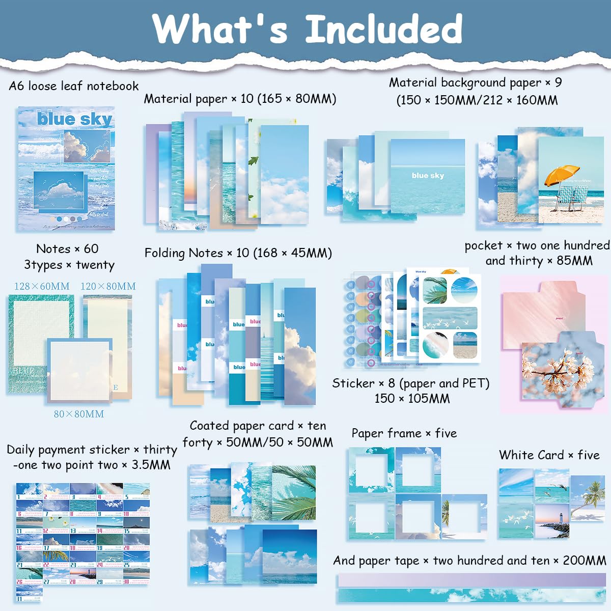 HASTHIP 150Pcs Journal Kit, Journaling Kit Journal Stickers Journal Supplies, Scrapbook Stickers Pack for Art Journaling Bullet Junk Journal Planners, DIY Decoration Paper Craft Kits (Blue Sky)
