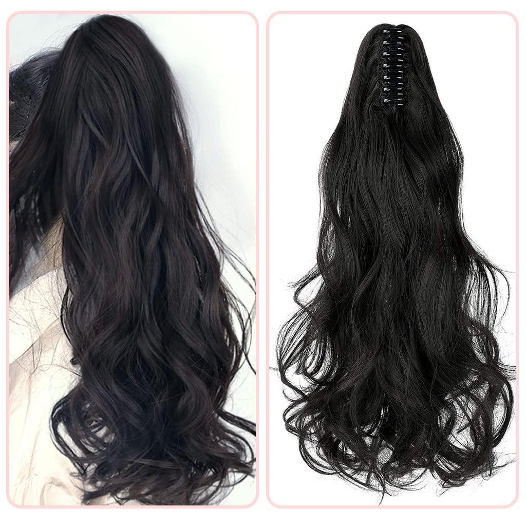 MAYCREATE Long Ponytail Hair Extension for Women Black Clip On Claw Curly Hair Extensions for Ponytail, 22 Inch One Piece Soft Synthetic Hairpieces