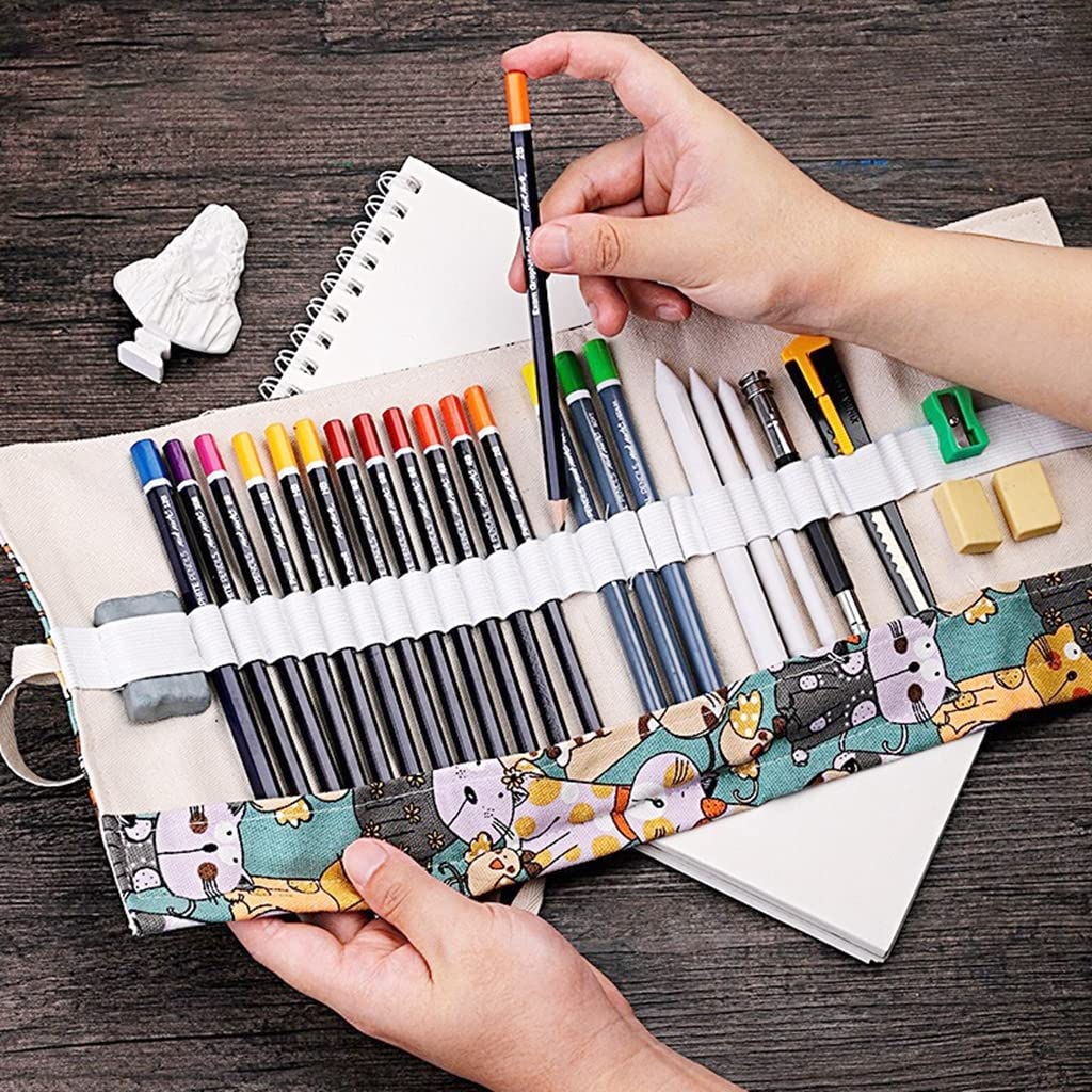 HASTHIP Roll up Pencil Case, 72 Holes Canvas Pencil Wrap Case for Adults and Kids, Colored Cartoon Prints Roll Up Pencil Pouch Gift for Students Sketching Drawing Writing Storage (Without Pencil)