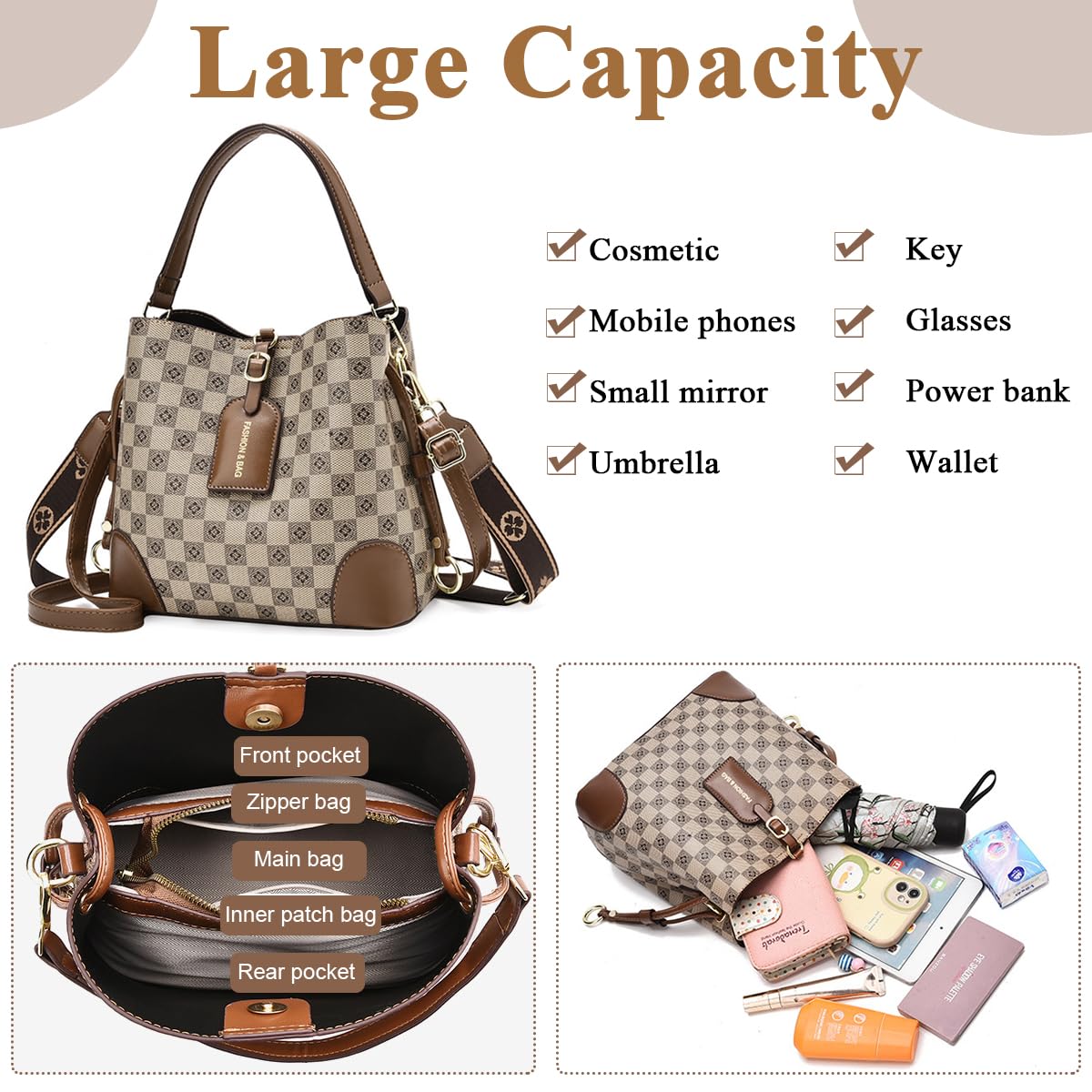 PALAY PU Bucket Bag for Women Fashion Check Pattern Bucket Bag Crossbody Bag with Detachable Shoulder Belt, Fashion Bucket Bag Daily Versatile Bucket Bag for Women