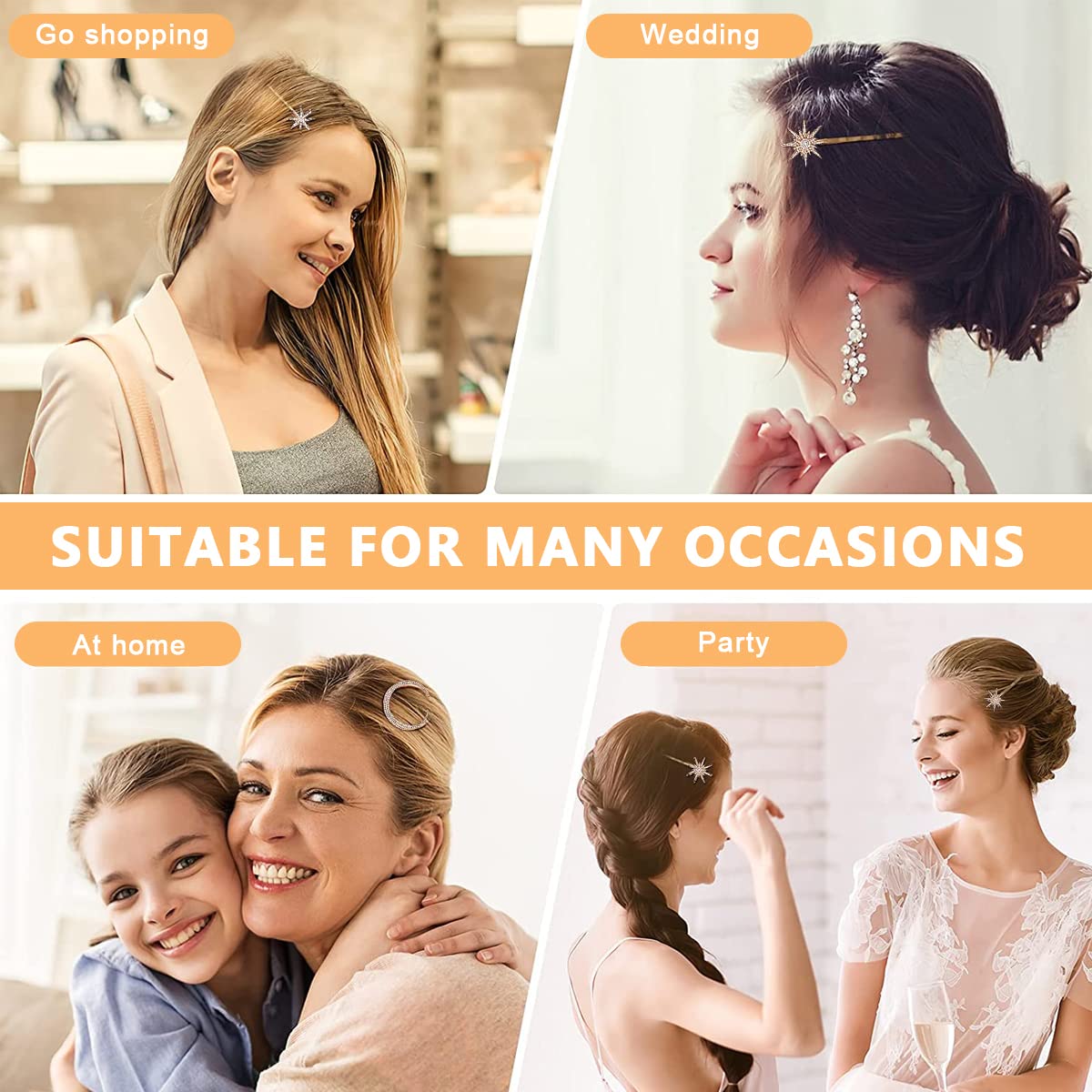 SANNIDHI 3 Pcs Star Moon Hair Clips for Women Stylish Latest Hair Pin for Girls, Alloy Rhinestone Korean Clips for Hair Accessories Bobby Pins Side Grips Hairpin