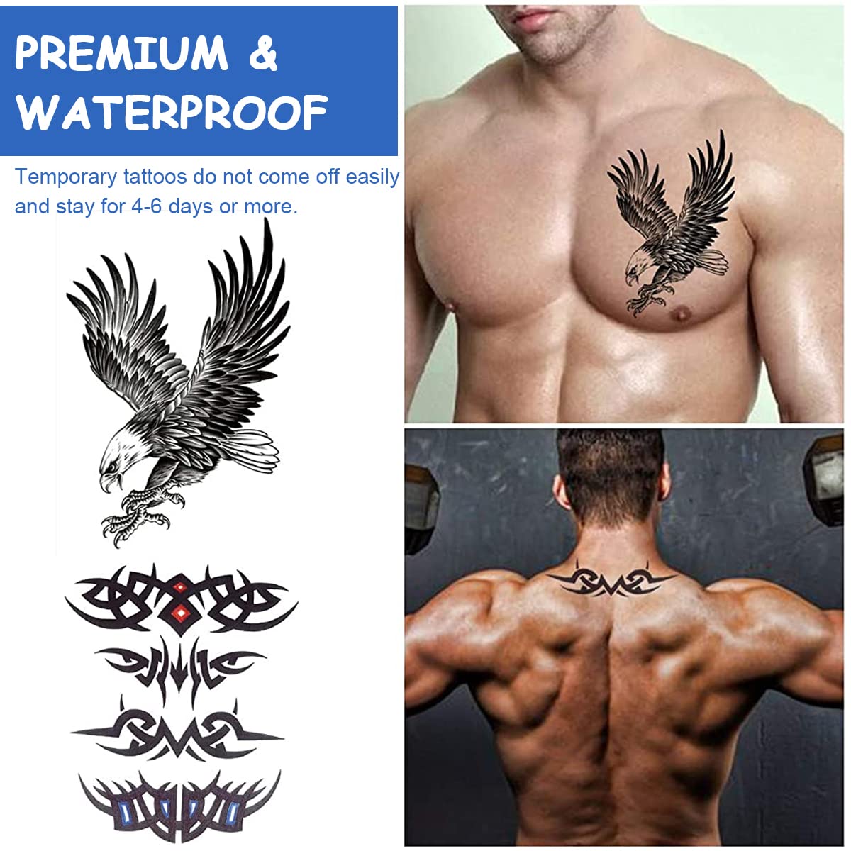 HASTHIP 42 Sheets Waterproof Skull Variety Eagle Temporary, Assorted Tattos Sticker for Men & Women Body Art