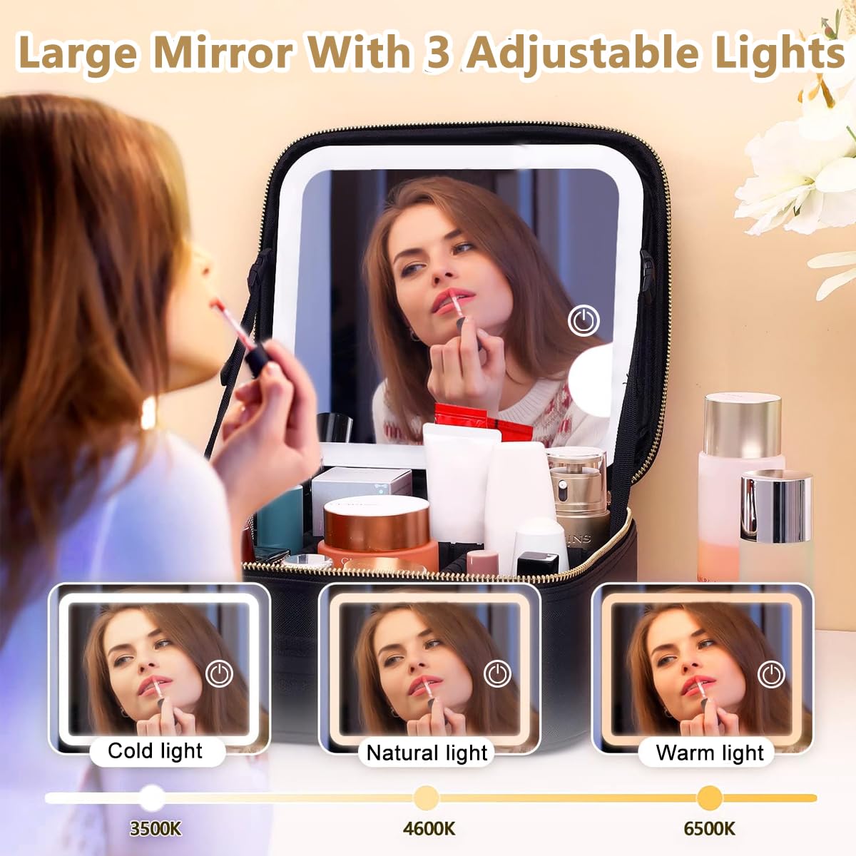 MAYCREATE Travel Makeup Organizer Pouch with 4K Vanity Mirror & LED Fill Light(3 Modes, Stepless Dimming), Cosmetic Brushes Storage Bag Case- Adjustable Dividers, Waterproof