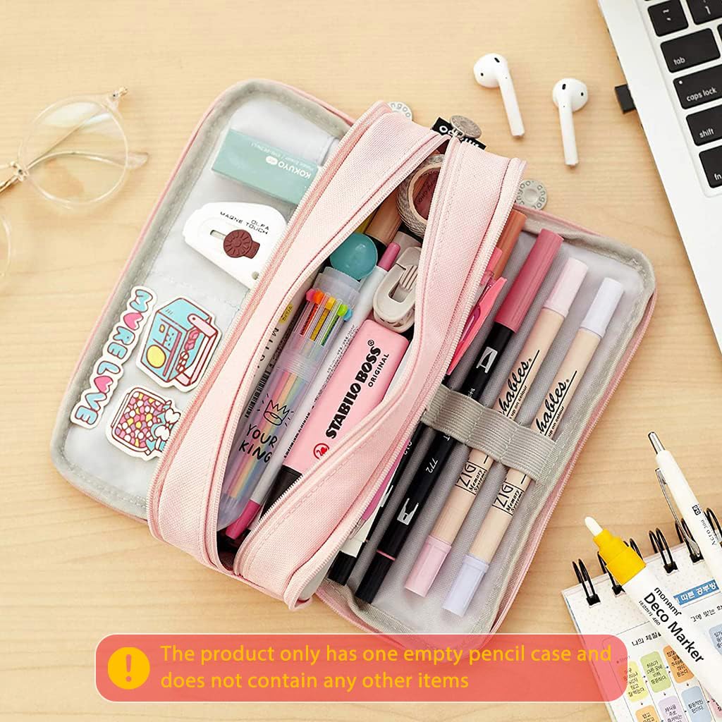 Climberty Large Capacity Pencil Case, 3 Compartment Pouch Pen Bag with 8 Elastic Pen Sleeves, 3 Zipper Portable Storage Pencil Pouch for School Teen Girl Boy Men Women (Pink)