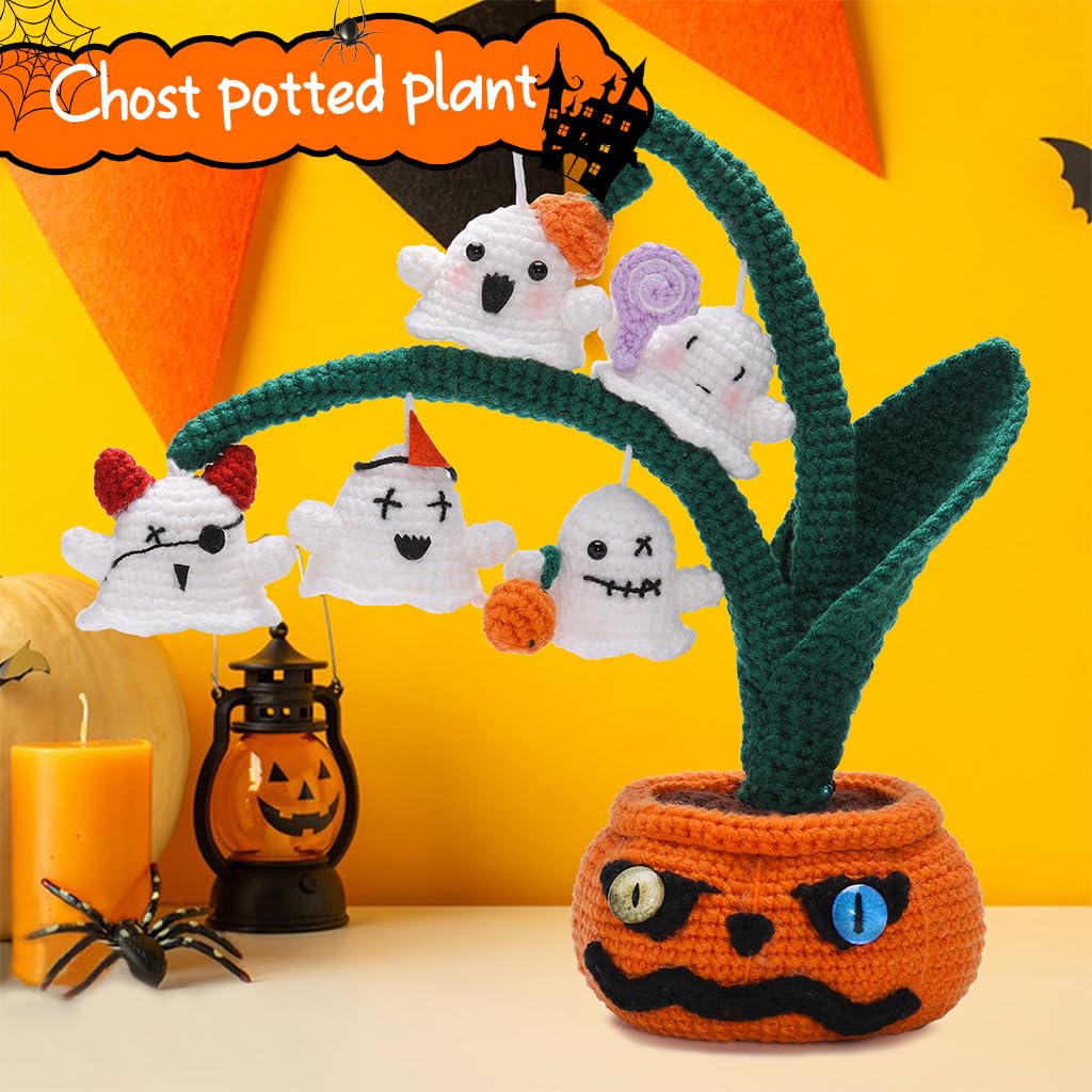 PATPAT DIY Crochet Craft Kit DIY Halloween Spooky Ghost Pumpkin Tree Desk Decoration Beginners DIY Halloween Crochet Material Kit with Tutorials DIY Halloween Ghost Pumpkin Tree Home Decor