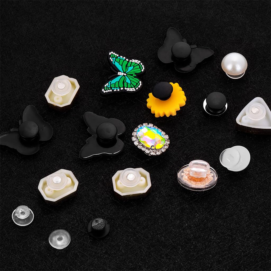 HASTHIP 100Pcs Clog Charm Backings Adhesive Buttons Plastic Buttons for DIY Clog Shoes Charm Black and White Plastic Buttons Charm Backings DIY Custom Shoes Charm Accessories