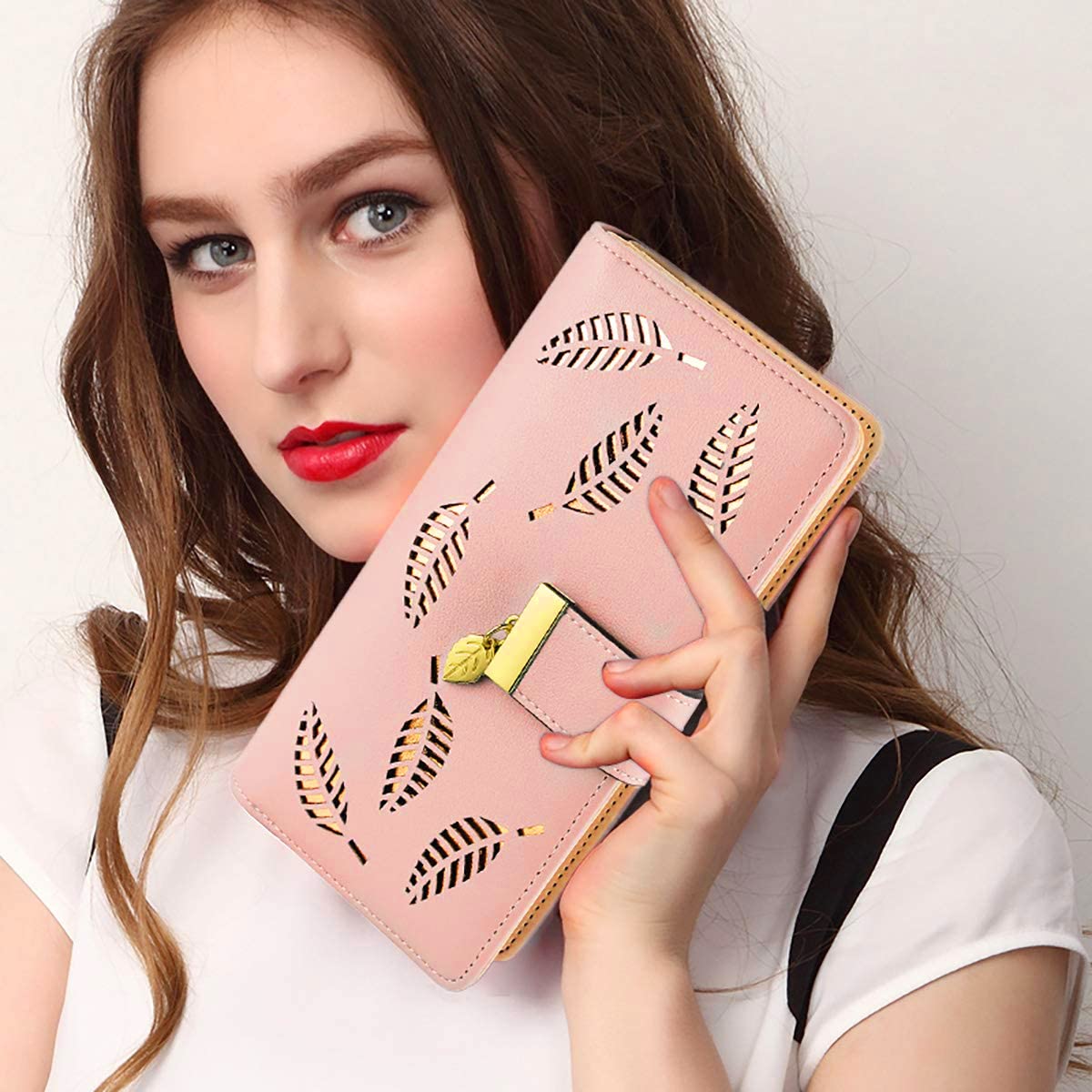 SANNIDHI Women's Leather Wallet Hollow Leaf Pattern Bifold Long Wallet (Pink)