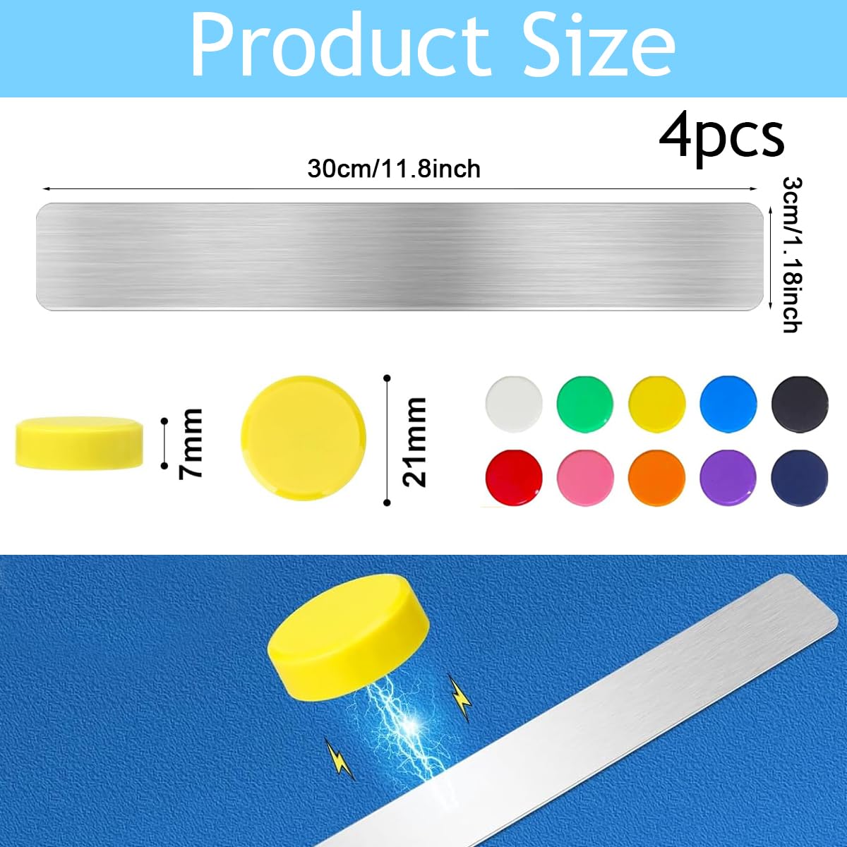 Climberty 4 Pack Magnetic Stainless Memo Board Strip Message Board with 16 Pcs Color Magnets, Adhesive Backing Bulletin Bar Board for Office, Home, Photo Wall, Documents and Fridge (Silver)