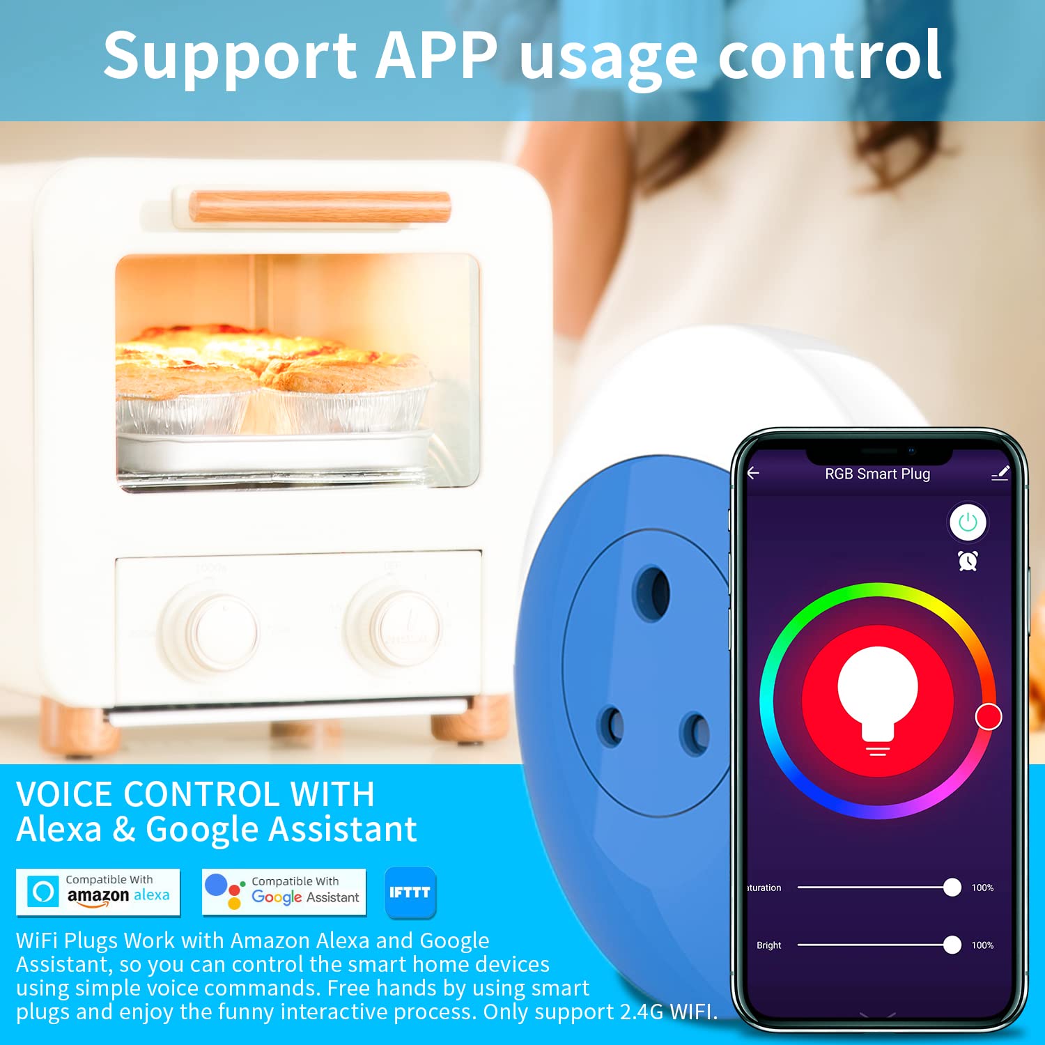 ZORBES Smart Plug with 6000K RGB Night Light, WiFi Power Plug Socket Compatible with Alexa and Google Assistant, Smart Home Plugs with Timer Fuction & Group Controller,Plug and Play, 2.4G WiFi Only