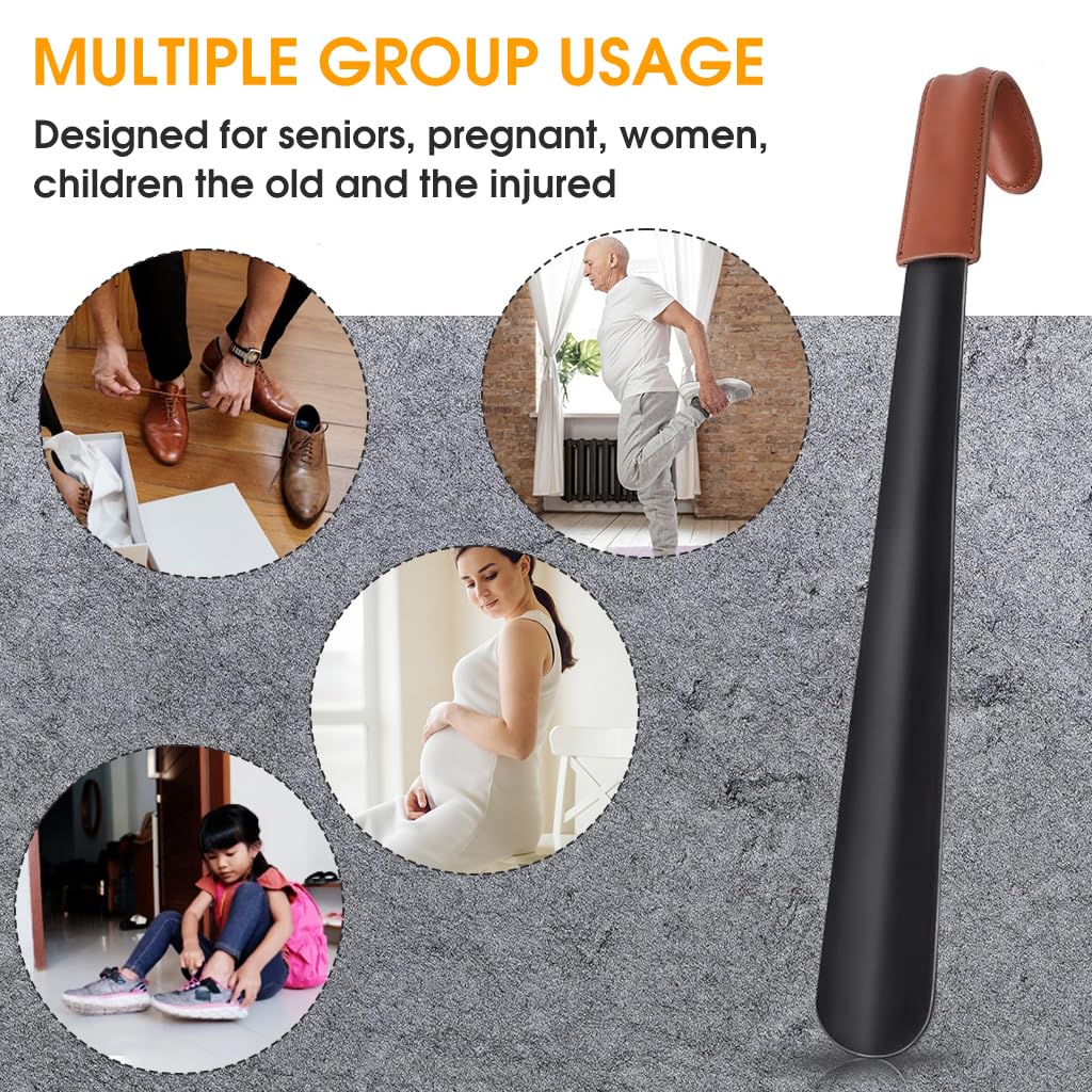 PALAY Shoe Horn for Men Long Handle Shoehorn Stainless Steel 16.5 In Shoespooner with Leather Handle Cover for Seniors, Pregnant Women, Kids - Hanging Design