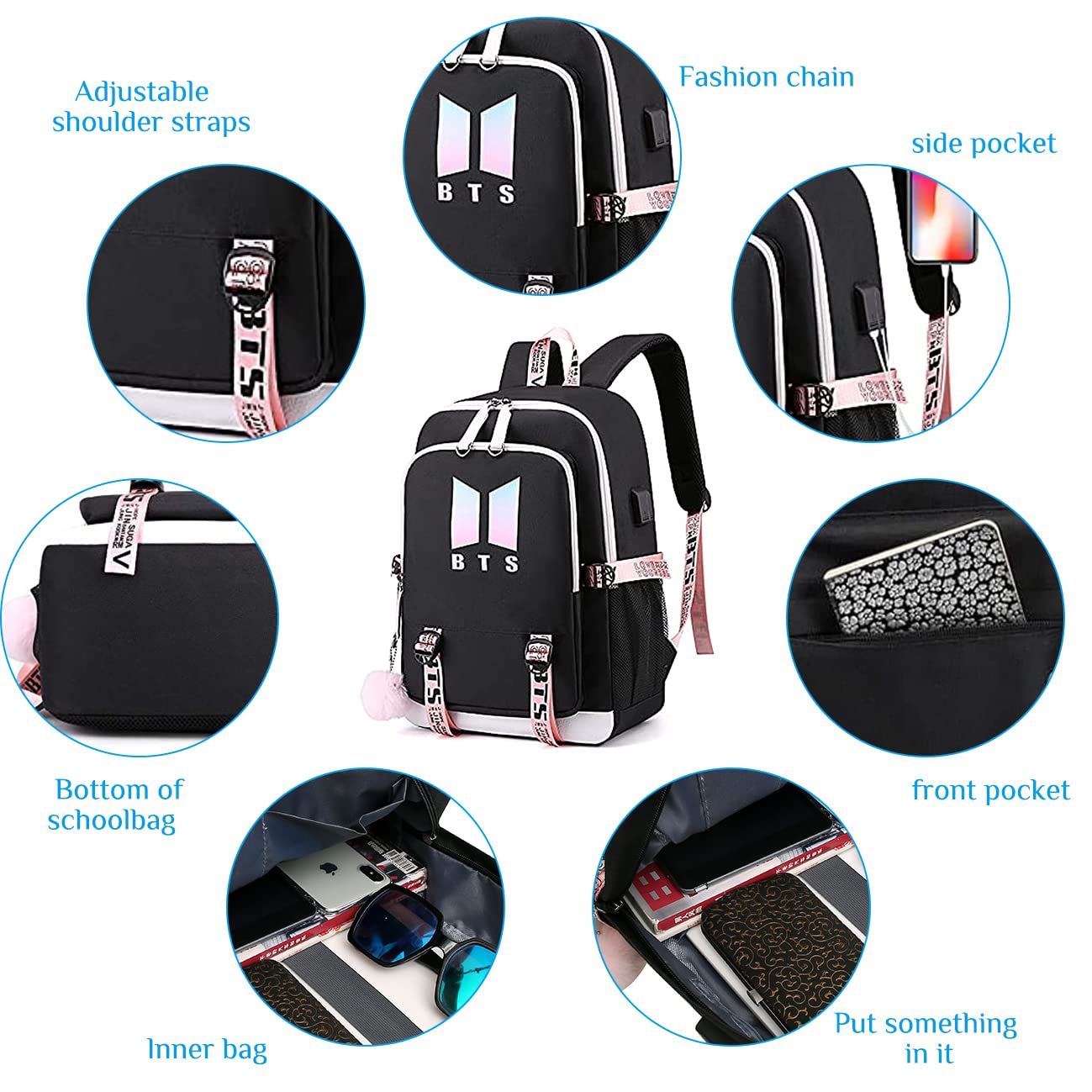 PALAY BTS Kpop Bangtan Backpacks Daypack Laptop Bag for Girls School Bag Shoulder Bag with USB Charging Port BTS Kpop Accessories For Boy Women Gifts
