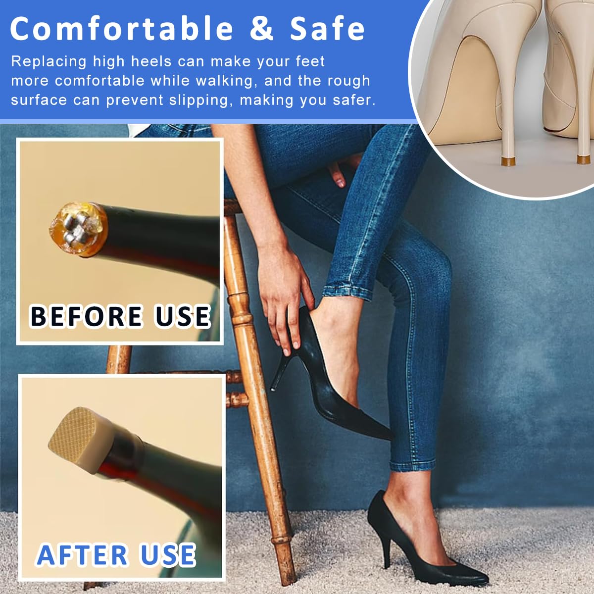 HASTHIP 20 Pairs High Heel Tips Replacements High Heel Tips Black & Beige U-shape Heel Tips Small Round Heel Tips 12.5mm/11mm/10mm/9mm High Heel Tips with Plier, for Replacing Worn-out Heel Tips