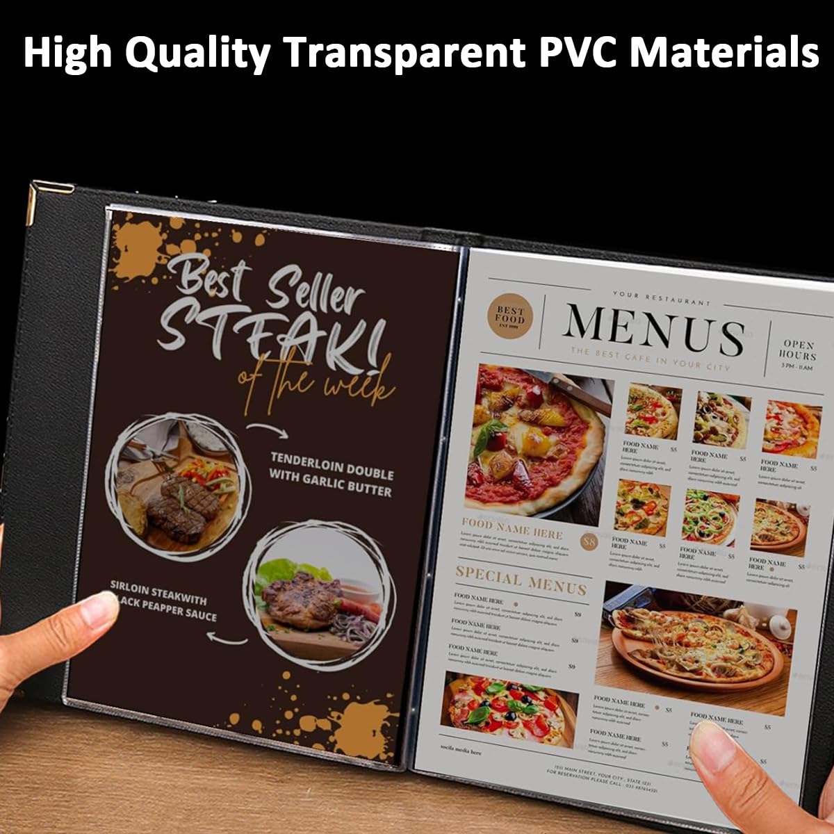 Serplex Menu Cover High Class Leather Hard Cover Menu Cover with Golden Corner Protectors A4 Size 7-Sheet Double Side Transparent PVC Menu Cover Oil-proof Menu Cover, 12.6x9.8 inches